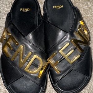 Fendi Black Logo Slide Sandals with Embossed Branding